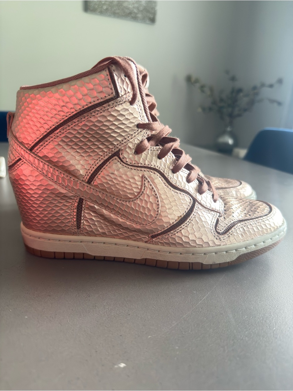 Nike Women's Dunk Sky Hi High-Top Sneakers in Snake Embossed Rose Gold